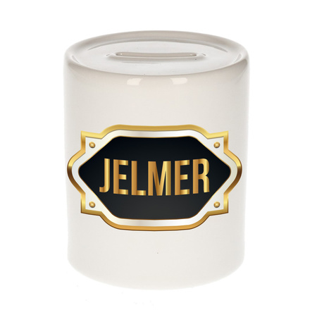 Naam cadeau spaarpot Jelmer met gouden embleem