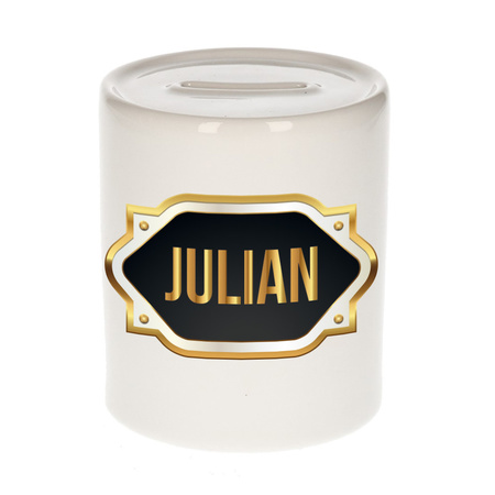 Naam cadeau spaarpot Julian met gouden embleem
