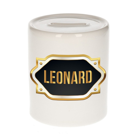 Naam cadeau spaarpot Leonard met gouden embleem
