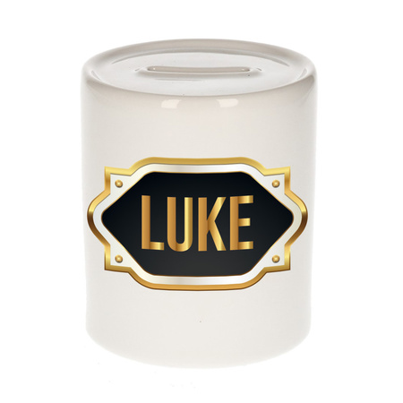 Naam cadeau spaarpot Luke met gouden embleem