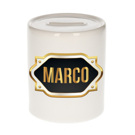 Naam cadeau spaarpot Marco met gouden embleem
