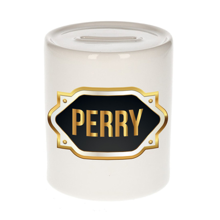Naam cadeau spaarpot Perry met gouden embleem