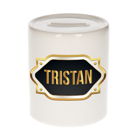 Naam cadeau spaarpot Tristan met gouden embleem