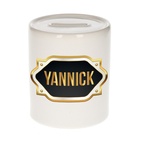Naam cadeau spaarpot Yannick met gouden embleem