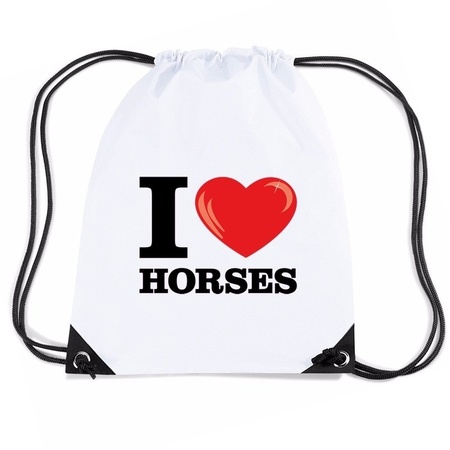 Nylon I love horses/ paarden rugzak wit met rijgkoord