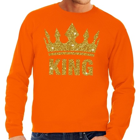 Oranje King gouden glitter kroon sweater heren
