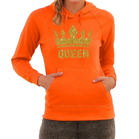 Oranje Queen gouden glitter kroon hoodie / hooded sweater  dames