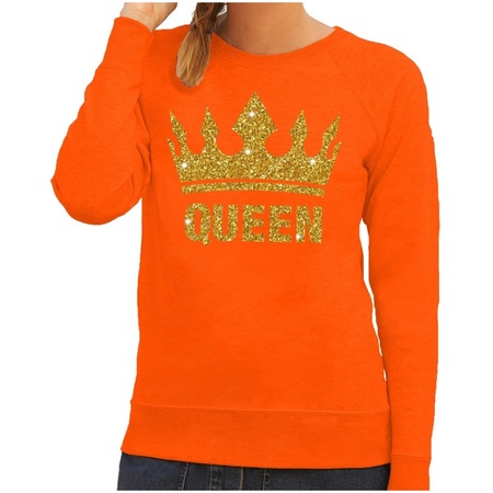 Oranje Queen gouden glitter kroon sweater dames