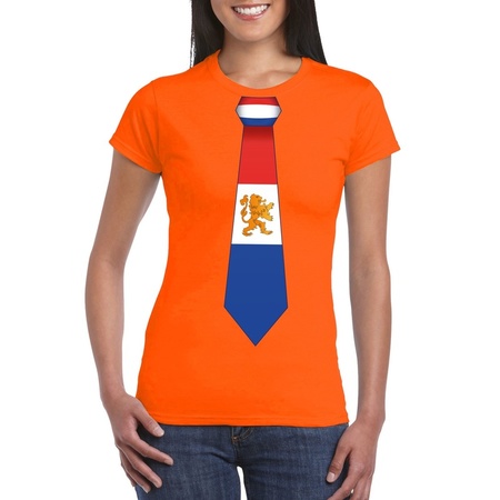 Oranje t-shirt met Nederland vlag stropdas dames