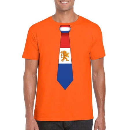 Oranje t-shirt met Nederland vlag stropdas heren
