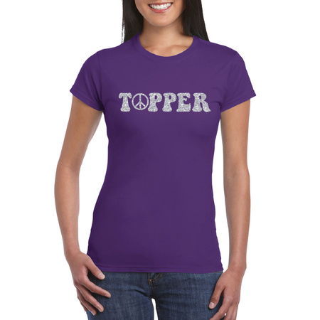 Toppers - Paars Flower Power t-shirt Topper met zilveren letters dames