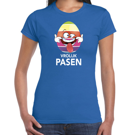 Paasei die tong uitsteekt vrolijk Pasen t-shirt blauw voor dames - Paas kleding / outfit