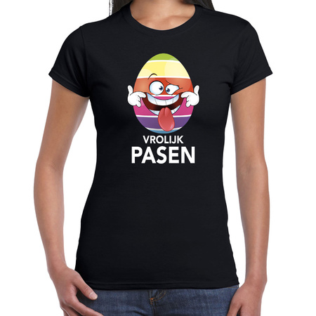 Paasei die tong uitsteekt vrolijk Pasen t-shirt zwart voor dames - Paas kleding / outfit