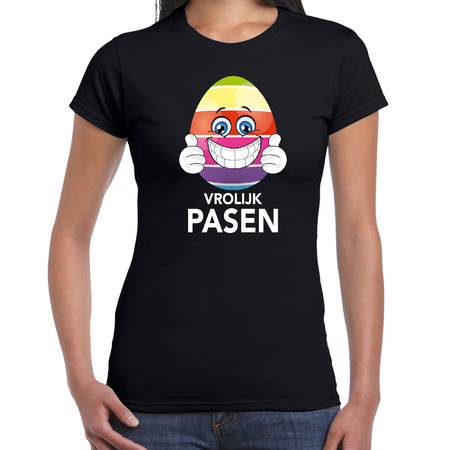 Paasei met duimen omhoog vrolijk Pasen t-shirt zwart voor dames - Paas kleding / outfit