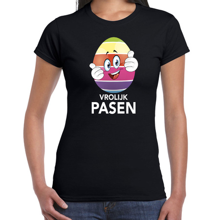 Paasei met duimen schuin omhoog vrolijk Pasen t-shirt zwart voor dames - Paas kleding / outfit