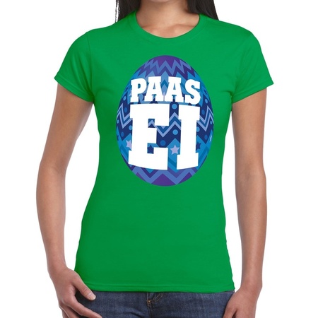  Paasei t-shirt groen met blauw ei voor dames