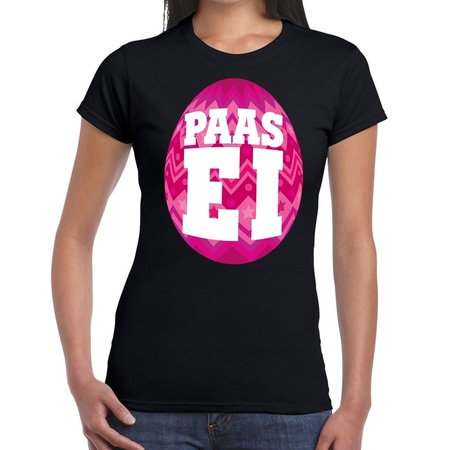Paasei t-shirt zwart met roze ei voor dames