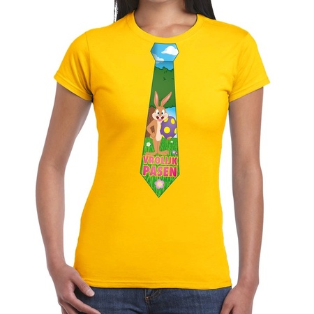 Paashaas stropdas vrolijk Pasen t-shirt geel voor dames