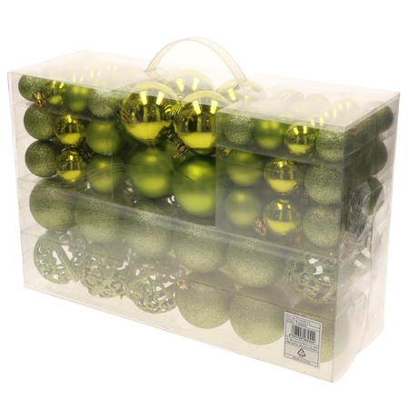 Pakket met 110x stuks kunststof kerstballen/ornamenten met piek lime groen