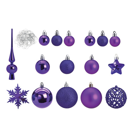 Pakket met 111x stuks kunststof kerstballen/ornamenten met piek paars