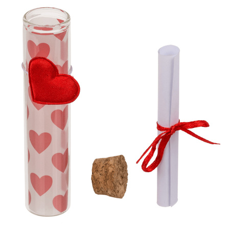 Pakket van 5x stuks valentijn hartjes cadeau hartjes flesjes van glas met boodschap 11 cm