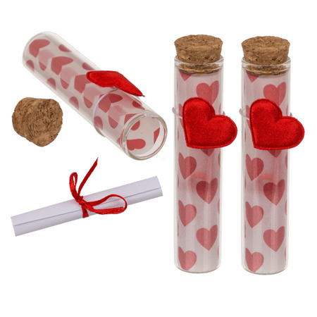 Pakket van 5x stuks valentijn hartjes cadeau hartjes flesjes van glas met boodschap 11 cm