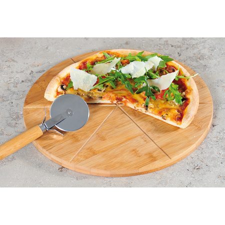 Pizza serving board with cutter - bamboo/wood - 32 cm - round - cutting board/kitchen tool