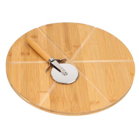 Pizza serving board with cutter - bamboo/wood - 32 cm - round - cutting board/kitchen tool
