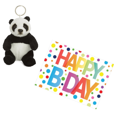 Pluche knuffel panda beer sleutelhanger 10 cm met A5-size Happy Birthday wenskaart