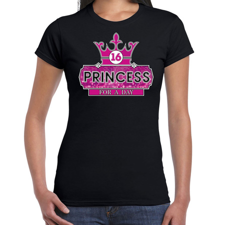 Princess 16e verjaardag t-shirt zwart voor dames