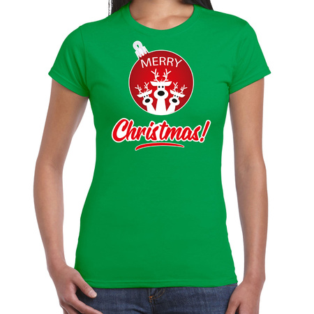 Rendier Kerstbal shirt / Kerst t-shirt Merry Christmas groen voor dames