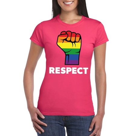 Respect LGBT shirt met regenboog vuist roze dames