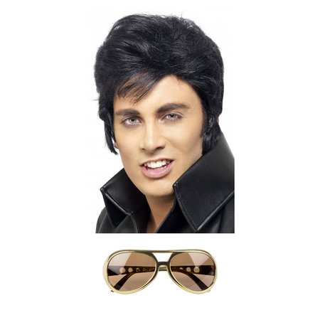 Rock and Roll ster Elvis verkleed set - herenpruik zwart met kuif - en bril goud montuur