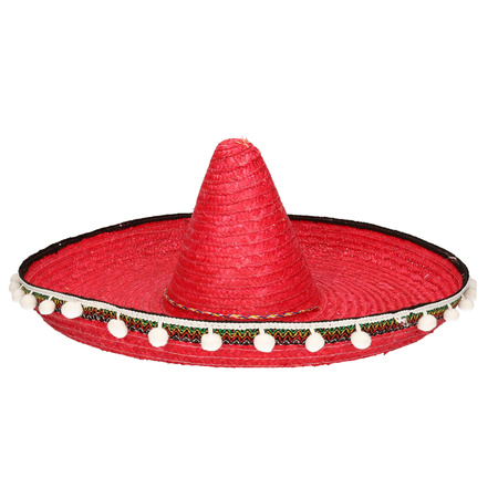 Carnaval verkleed set - Mexicaanse sombrero hoed met plaksnor - rood - heren