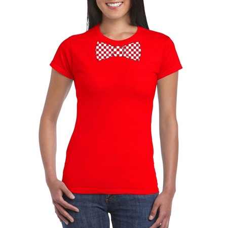 Rood t-shirt met geblokte Brabant strik voor dames
