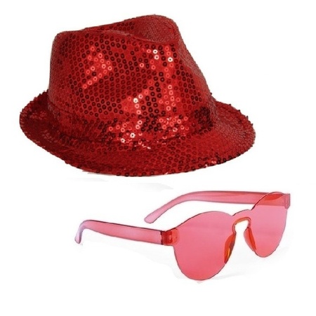 Red trilby hat with sequins and red party glasses