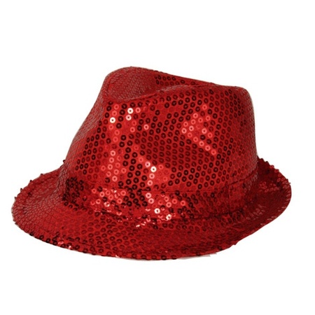 Rood trilby glitter party verkleed hoedje met pailletten