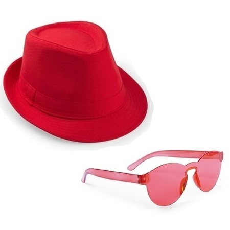 Red trilby hat with red party glasses