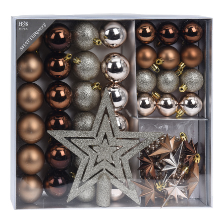 Set 44-delig kunststof kerstboomversiering bruin tinten met kerstballen, slingers en piek