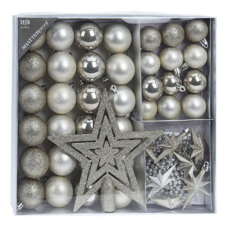 Set 44-delig kunststof kerstboomversiering parel/wit met kerstballen, slingers en piek