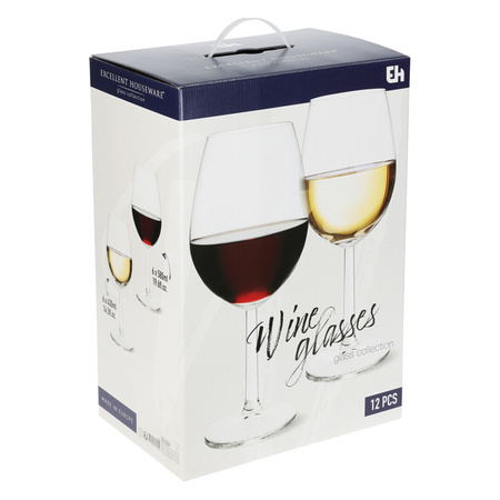 Set van 12 wijnglazen transparant 430/580 ml