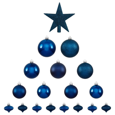 Set van 17x stuks kunststof kerstballen met ster piek donkerblauw