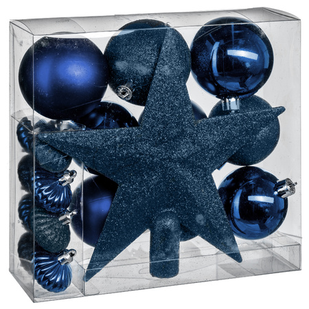 Set van 17x stuks kunststof kerstballen met ster piek donkerblauw
