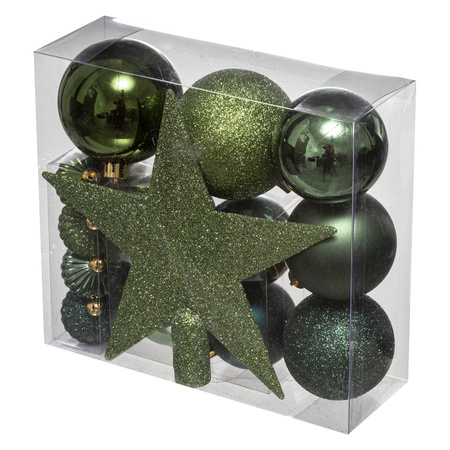Set van 17x stuks kunststof kerstballen met ster piek khaki groen