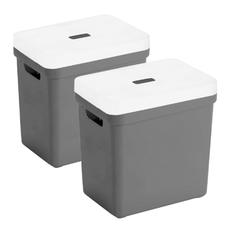 Set van 2x opbergboxen/opbergmanden antraciet van 25 liter kunststof met transparante deksel