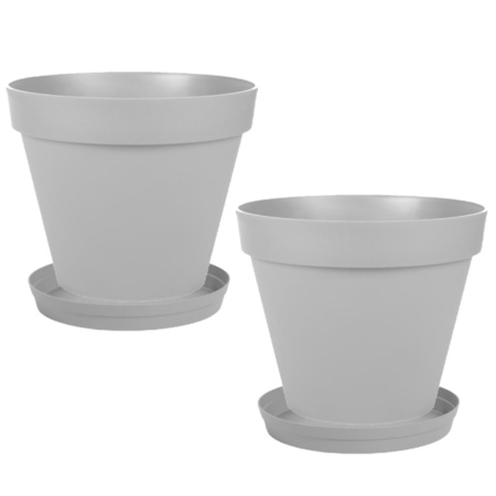Set of 2x pcs flowerpots plastic grey D20 x H17 cm with bowls D15 cm