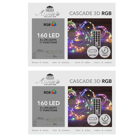 Set van 2x stuks cascade draadverlichting lichtsnoer met 160 lampjes gekleurd op batterijen