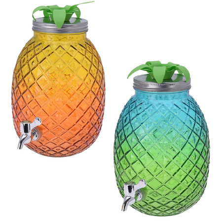 Set van 2x stuks glazen drank dispensers ananas geel/oranje en blauw/groen 4,7 liter