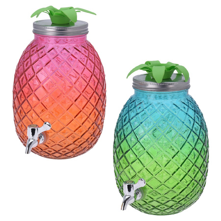 Set van 2x stuks glazen drank dispensers ananas roze/oranje en blauw/groen 4,7 liter