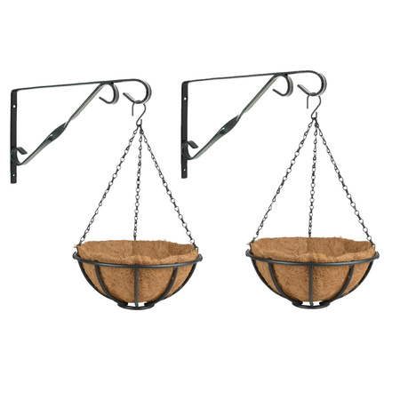 Set van 2x stuks Hanging baskets 30 cm met muurhaken - metaal - complete hangmand set